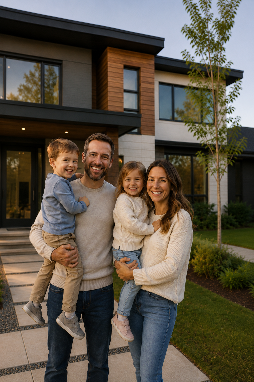 Family standing outside a modern home built using HYCORE structural wall system.