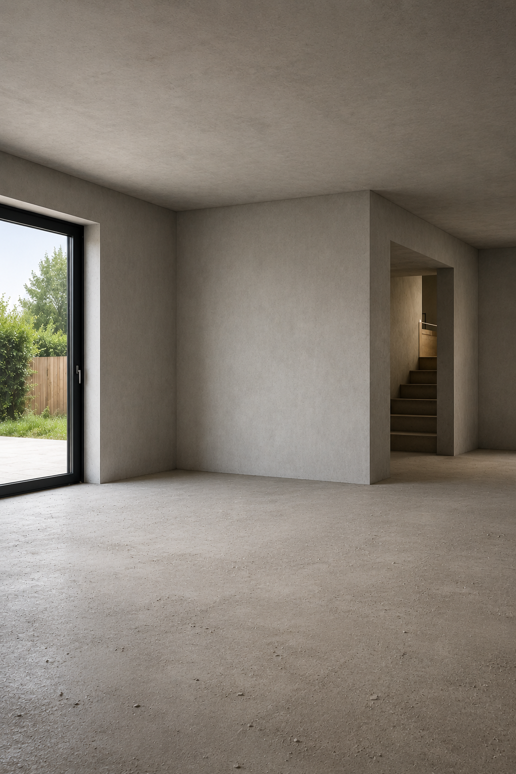 Interior of a HYCORE home showing exposed structural concrete walls, concrete floor and high-performance construction system.